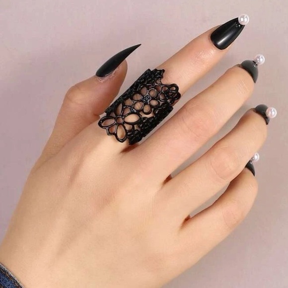 Hollow Out Cuff Ring Floral Adjustable Black Metal - Picture 1 of 7